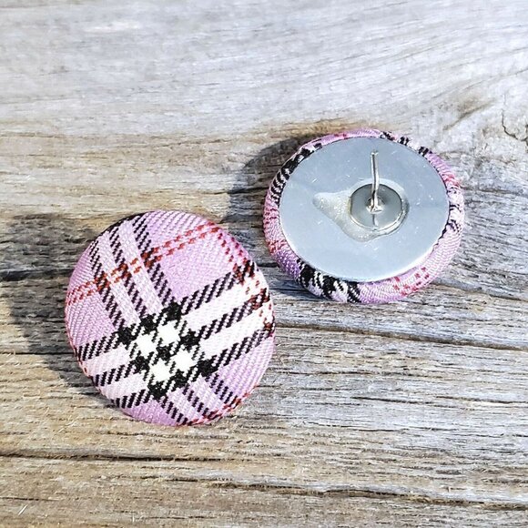 Lavender Purple Black White Tartan Plaid Fabric Button Earrings - Picture 4 of 5